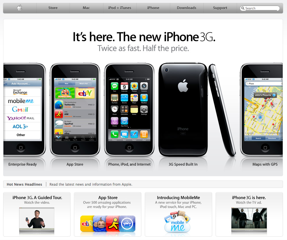 Apple homepage announcing the iPhone 3G (2008)